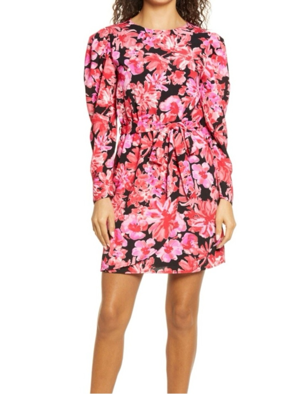 Dark floral Nordstrom Pink and Red Puff Long Sleeve Tie Waist Minidress Women M